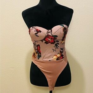 JLUXLABEL Floral Strapless Bodysuit - Pink and Red